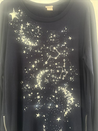 Chicos Zenergy Navy Blue Celestial Design Tunic Knit Top Sz 2/Large - Picture 6 of 9