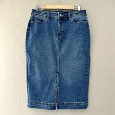 Talbots Womens Denim Midi Skirt Size 8P Blue Modest Y2K Prairie Cottagecore Slit