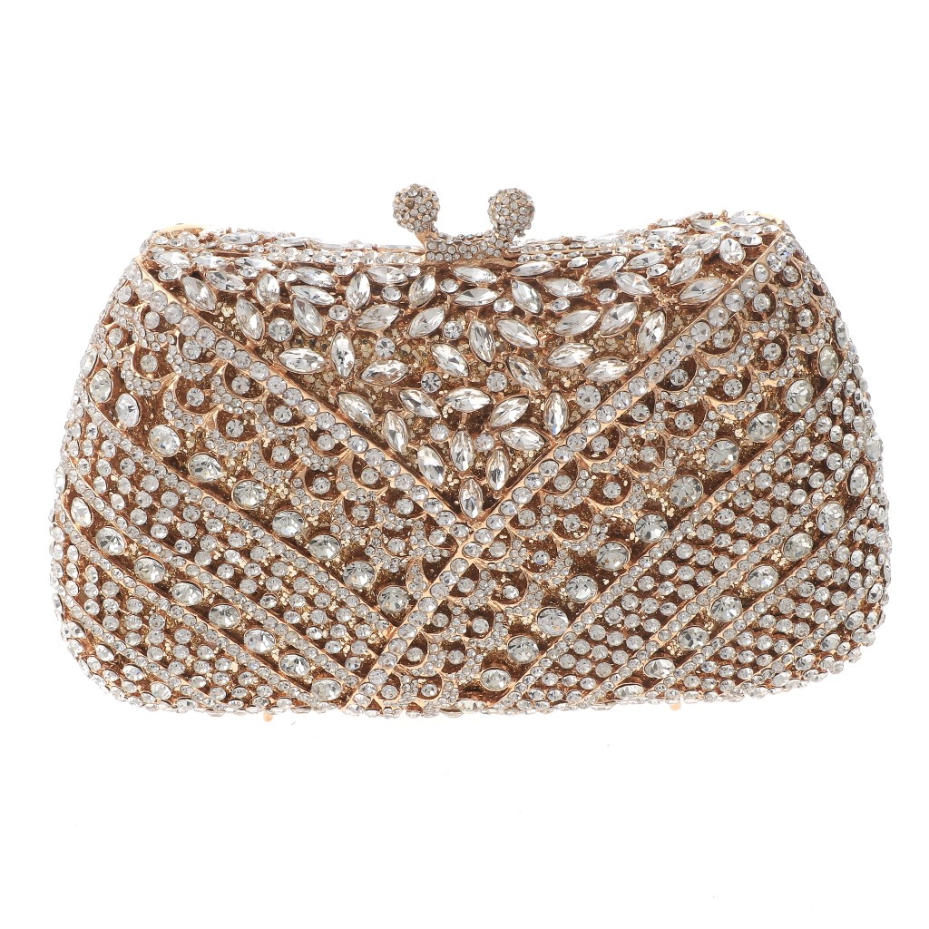 Gold Tone Alloy Metal Rhinestone Crystal Clutch Evening Bag HB6294-GCL