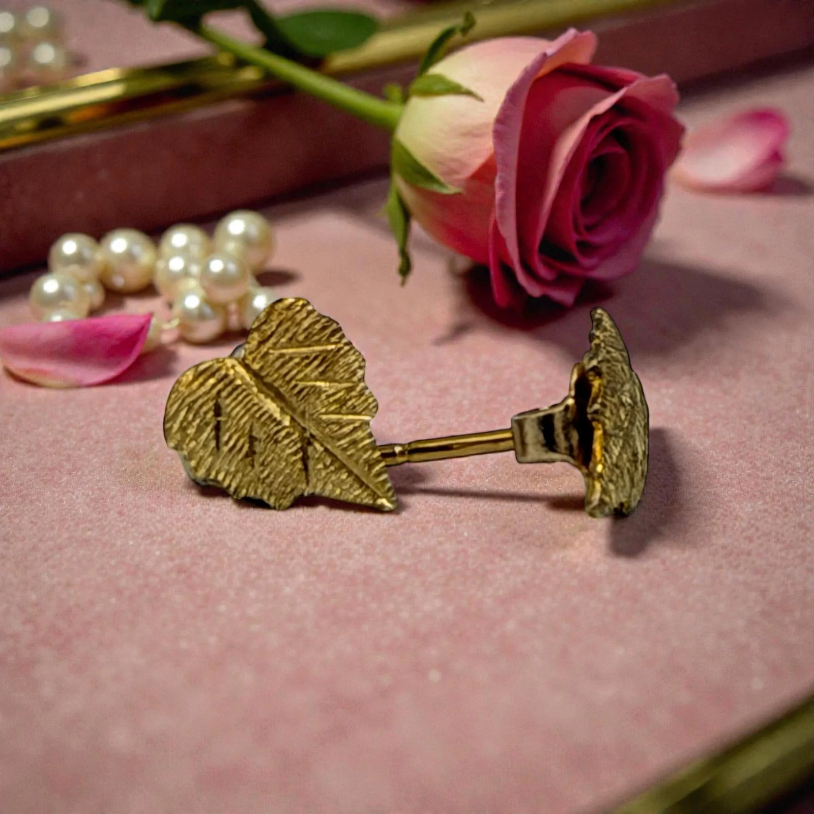 Solid 14K Yellow Gold Leaf Stud Earrings - image 3