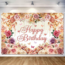 Pink Floral Happy Birthday Banner 5x3 Ft, Rose Gold Flowers Photography Backdrop