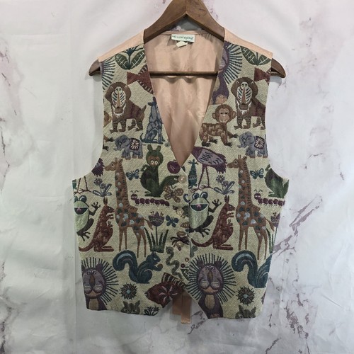 Vintage Tapestry Vest Womens Large Animal Squirrel Frog Woven Carpet Safari