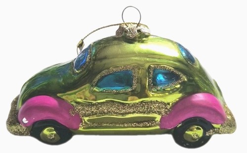 Vintage Mercury Glass Glitter Pink Green VW Volkswagen Beetle Christmas Ornament - Picture 2 of 8