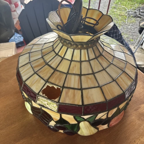 Vintage Tiffany Style Fruit Leaded Stained Glass Hanging Lamp 20’ Inch