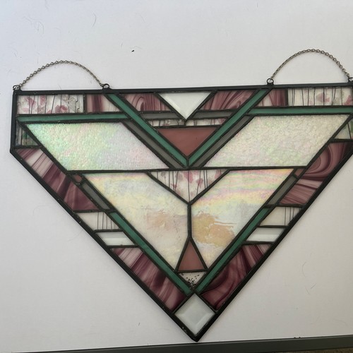 Antique/Vintage Leaded Stain Glass Arrow Window Triangle Pink Green Clear - Bild 6 von 6