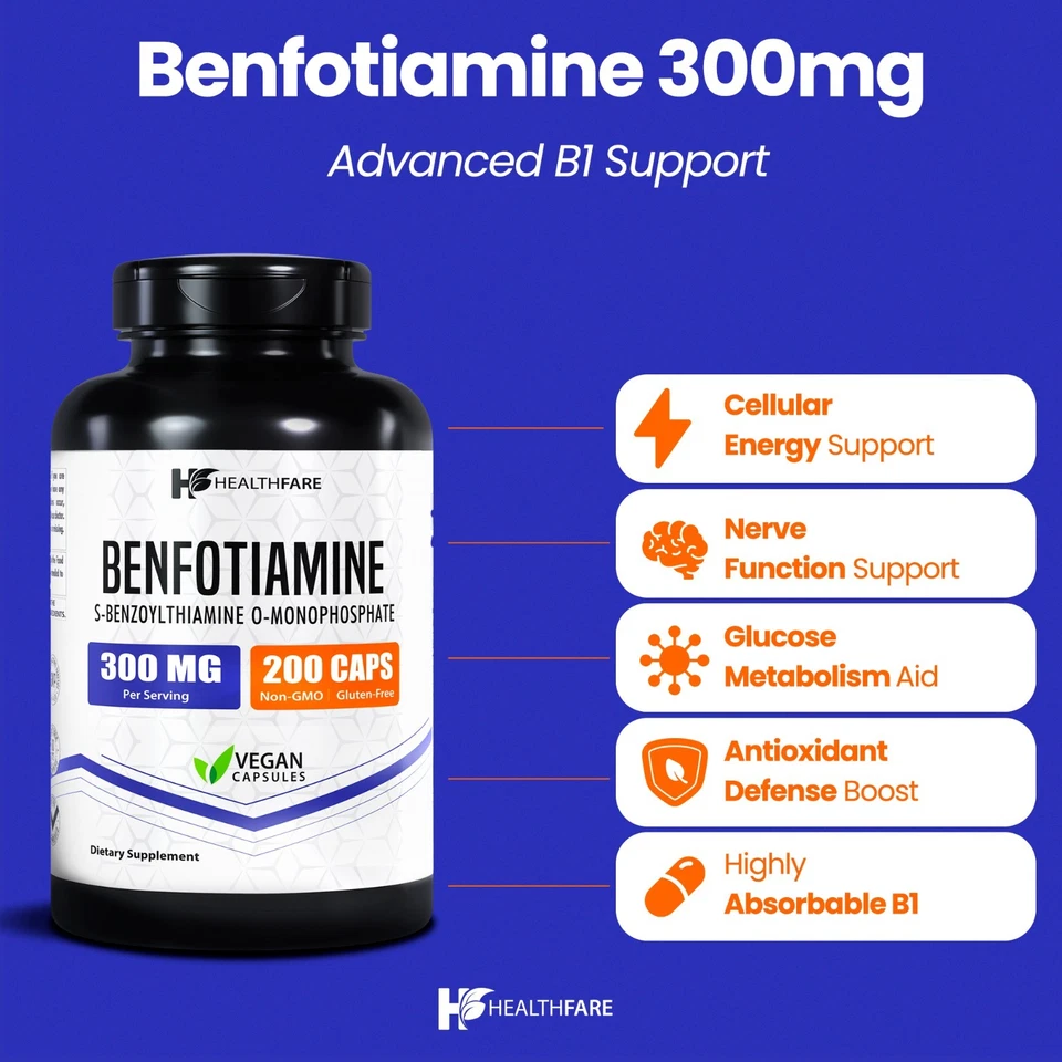 Benfotiamina 300mg 200 cápsulas vegetais tiamina lipossolúvel vitamina B1 HealthFare - Imagem 2 de 4