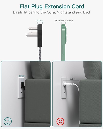 Tira de alimentación protectora contra sobretensiones, cable de extensión de enchufe plano de 5 pies con 4 canales de pared USB... - Imagen 3 de 8