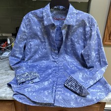 Robert Graham Button Down Mens LBlue Damask Jacquard Flip Cuff Classic Fit