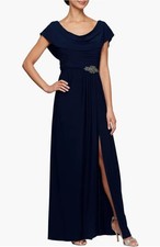 ALEX EVENINGS Women's Embellished-Waist Cowlneck Gown NAVY 10 Mother-of-Bride