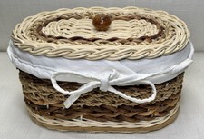 Woven Wicker Oval Basket w/Lid and Removable Linen Liner, 6 H x 10.5 L x 6 W