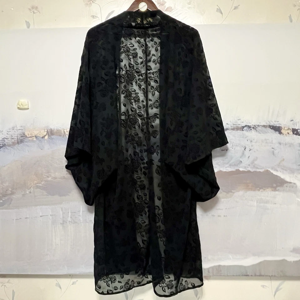 Black Kimono Velvet Burnout Roses Duster Dark Romantic Open Whimsigoth One Size - Image 2 of 4