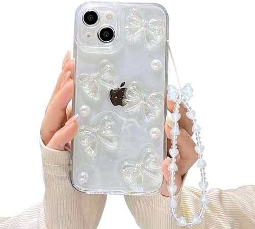 Compatible with iPhone 13 Case with Clear Cute 3D Bowknots and Pearl Aesthetic P