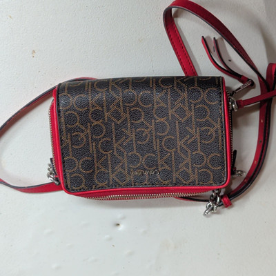 Calvin Klein CK Monogram Small Crossbody Bag Brown/Red Zip Detachable Strap