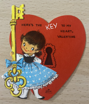 Vintage Hallmark Valentine- Girl w/ Key- Here s the Key to my Heart