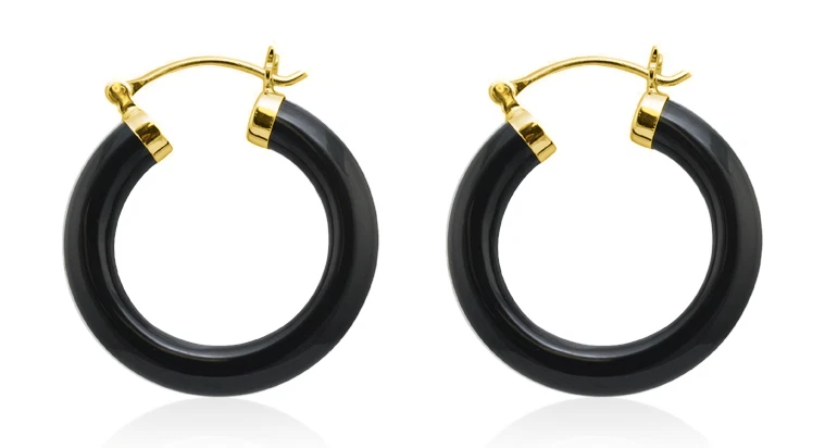 14K Yellow Gold Black Onyx Hoop Earrings gold and onyx Hoops 4.3mm Wide 1 Inch