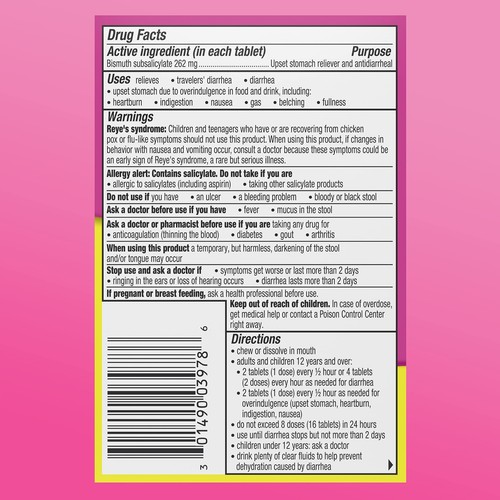 Pepto Bismol Chewables, Upset Stomach Relief, Bismuth Subsalicylate 30 Tablets - Picture 8 of 8
