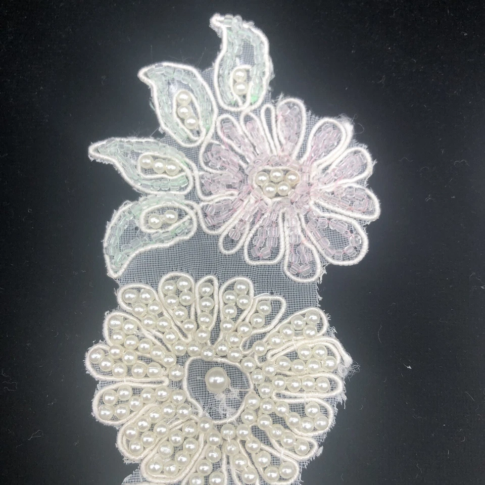 Apliques de cuentas florales combinados vintage de 2 piezas 7" x 2" rosa verde blanco con perlas Foto 2 de 4