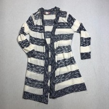 ETC... Women Size Large Cream Blue Knit Open Front Cardigan Made in USA D5
