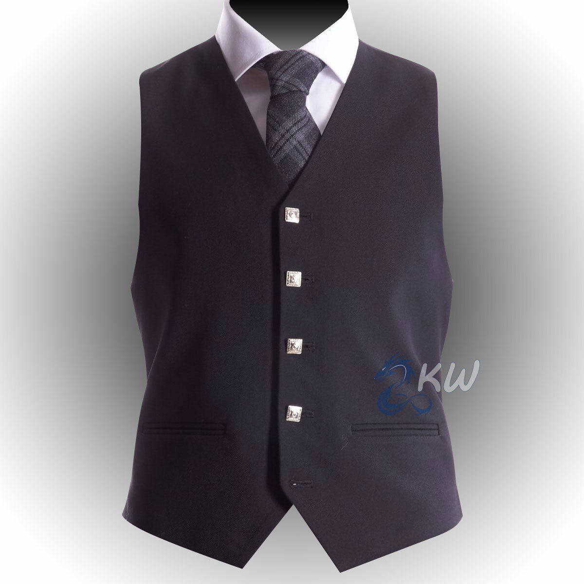 Kilt Wears | Mens Black 5 Button Argyll Waistcoat - Barathea Wool - Celtic Emblem Buttons