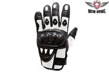 White/Black Full Finger Leather Motorcycle Biker Riding Knuckle Protector Gloves