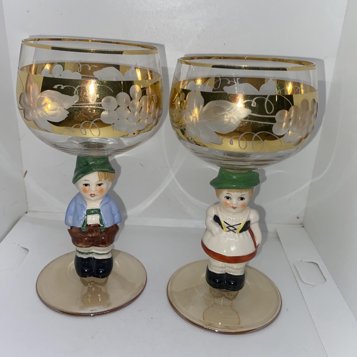 Hummel German Boy and Girl Stems Trim, In Gold Design Wine Glasses