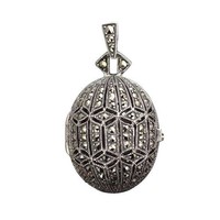 Vintage Sterling Silver '925' Marcasite Egg Shaped Locket In A Geometric Pattern Vintage Sterling Silver '925' Marcasite Egg Shaped Locket In A Geometric Pattern