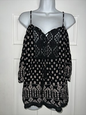 ANGIE Flowy Black Top Womens Size S Lace Creme Pattern EUC Strings Adjustable