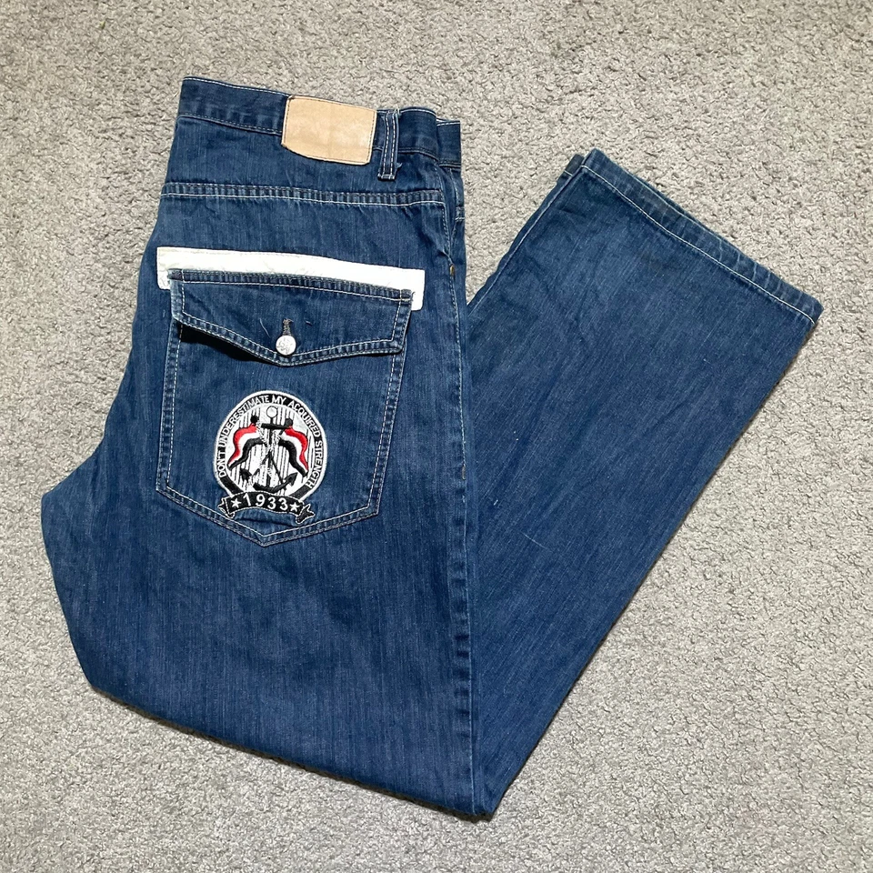 Vintage Y2K Red Ape Jeans Mens 38x31 Blue Medium Wash Wide Leg Embroidered Baggy - Image 3 of 4