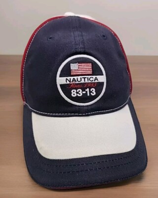 Vintage Nautica 83-13 Sailing Ball Cap Hat Red White Blue USA Strap Back Embroid