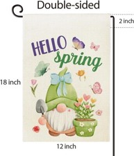 NEW Hello Spring Gnome Garden Flag - 12 x 18 Double Sided, Burlap