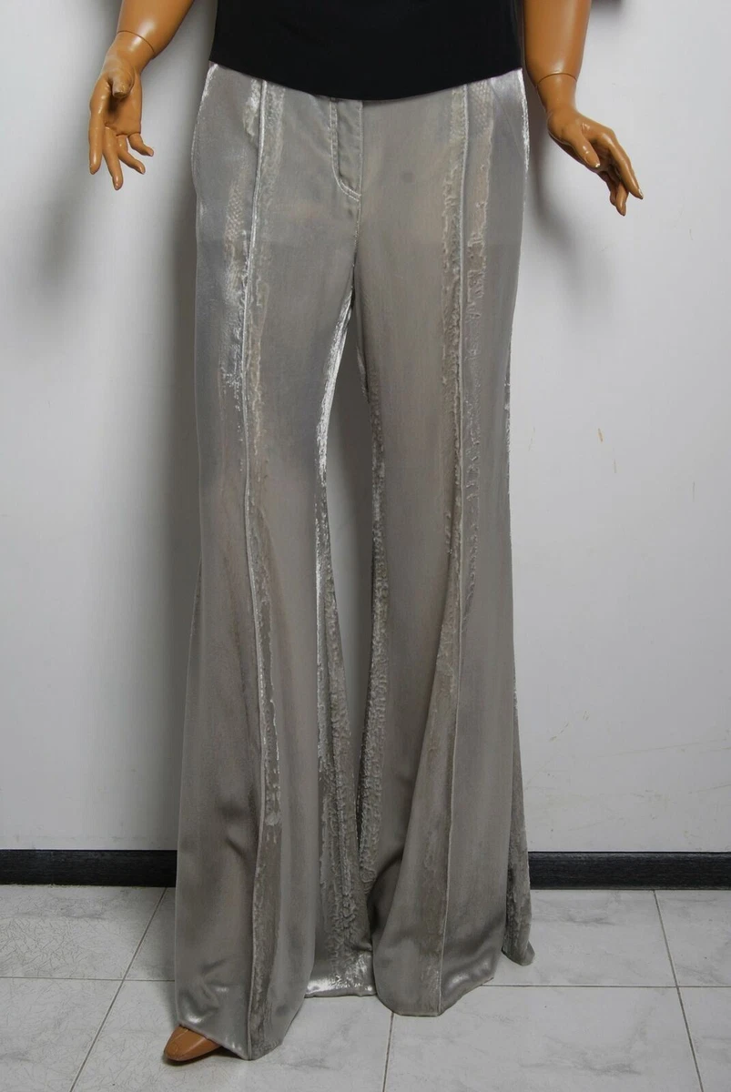 CELINE Women Bootcut Pants Silver Viscose Blend Wide Leg Trousers Size FR  40 L