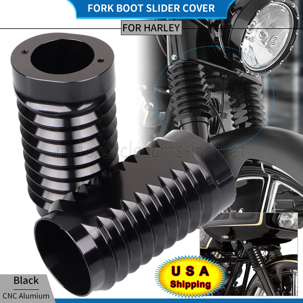 Black CNC Fork Slider Cover Cow Bells For Harley Road King Electra