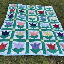 VTG Handmade QUILT Applique Style Tulips Large 96  x82  1930s