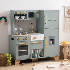 Play Kitchen Set, Wooden Play Kitchen with Ice Maker, Fridge, Coffee Machine, Ov