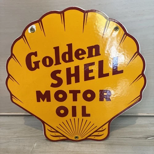 VINTAGE GOLDEN SHELL MOTOR OIL PORCELAIN SIGN GENERAL STORE GAS STATION PUMP