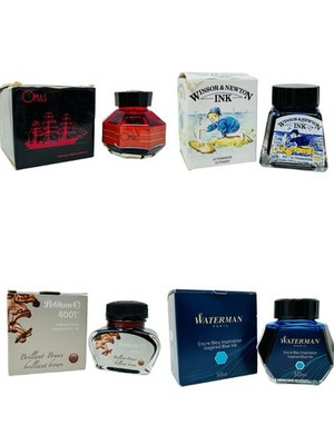 4 VINTAGE INK BOTTLES IN ORIGINAL BOXES - WATERMAN, OMAS, PELIKAN, +