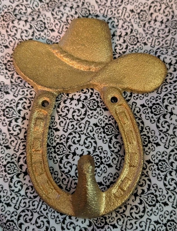 Gold Tone Cast Iron Shoe Horse with Cowboy Hat Wall Hook 5" tall x 3.9"