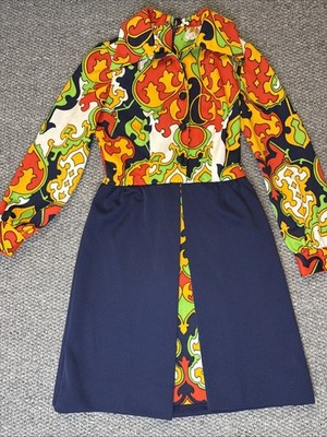 VTG 1970s Op Art Dress Leslie Fay Knits Small* Polyester Psychedelic Floral Mod