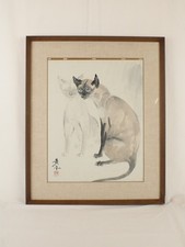 Japanese-style (Sumi-e) Watercolor Gouache Painting Of Siamese Cats Signed