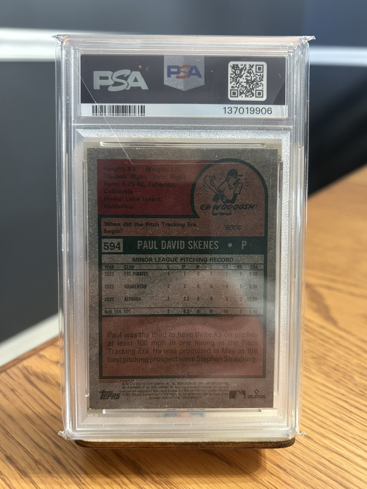 #594 Paul Skenes 2024 Topps Heritage RC Rookie Pittsburgh Pirates sports psa 9 view 2