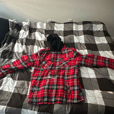 Men's L Hooded Plaid Lined Button Front Cotton Overcoat Jacket Red Black