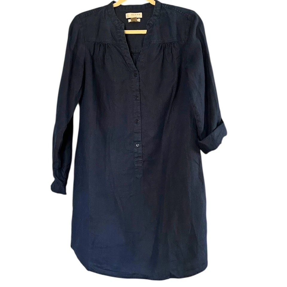 Vestido camisero Kenar 100 % lino para mujer talla 6 azul marino con botones delanteros mangas enrollables  Foto 2 de 4
