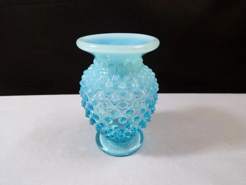 Fenton Blue Opalescent Glass Hobnail Mini Miniature Vase w/ Flat Top