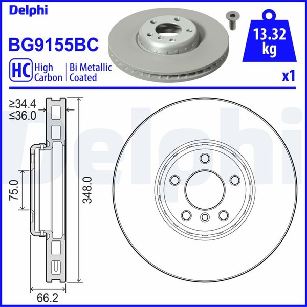 1X Delphi Bremsscheibe BG9155BC FüR BMW 5Er F10 Touring F11 Turismo F07 7Er F01-image