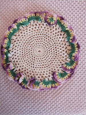 Vintage Doily Purple Yellow Floral With Gold Thread 7.5 In Diameter