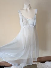 Vintage Cottage Core Vanity Fair Babydoll Nightgown 34 Pastel Blue Lace Tie Back