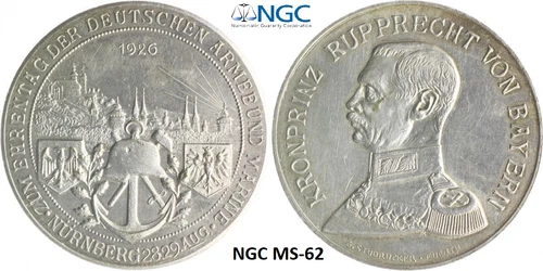 NGC Nurnberg 1926 MS-62 City View Medal Silvered Army & Marine Germany