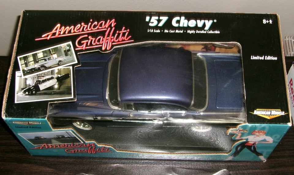 Chevy American Graffiti Blue 1957 edición limitada coche fundido a presión escala 1/18 con caja Foto 3 de 4