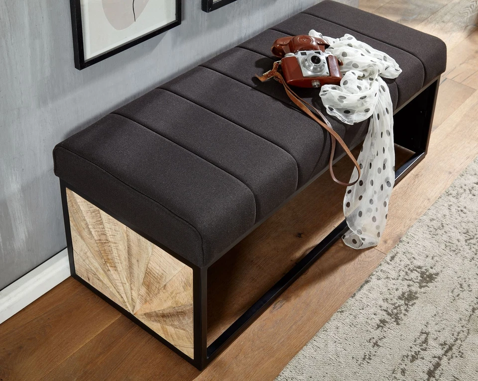FineBuy Banc en Tissu 105 cm Bois Massif Rembourré Banc Banquette Couloir Noir - Photo 4/4