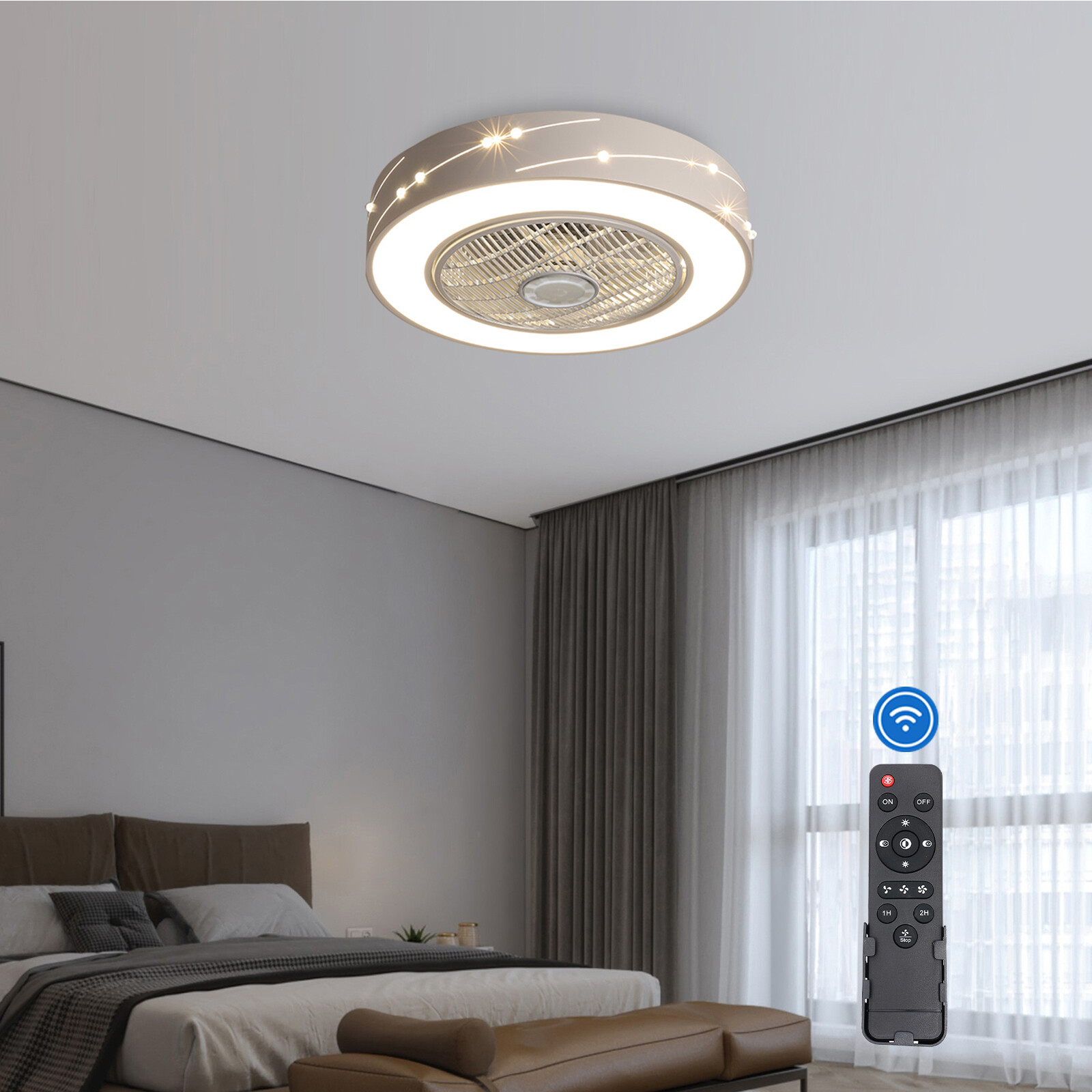 Modern LED Ceiling Fan Light Dimmbale Invisible Blades 3 Wind Speeds Fan Lamp